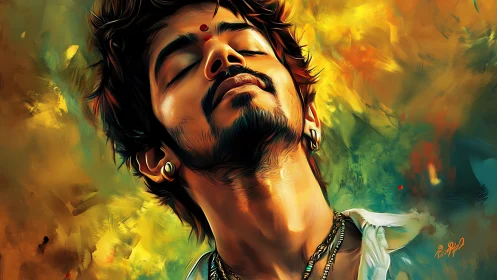 Ecstatic portrait of serene man in swirling golden aura.