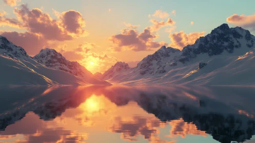 Sunlit alpine peaks mirrored on tranquil glacial lake.