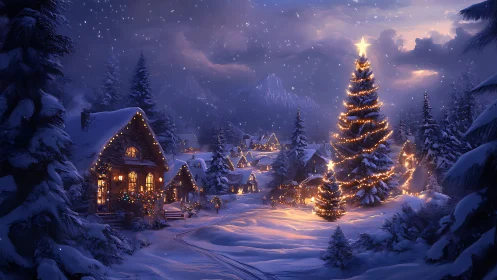 Starlit alpine village wrapped in glowing Christmas wonder.