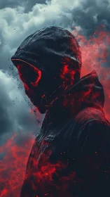 Hooded figure ignites in red embers against storm clouds.
