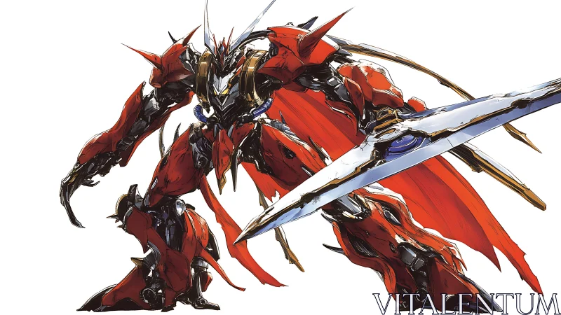 Aggressively posed red mecha with bladed lance and dynamic cape detailing