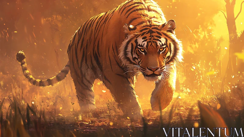 Golden sunset tiger pads softly through glowing forest light