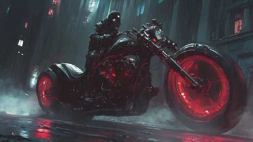 Night rider powers through neon rain on a red-lit bike