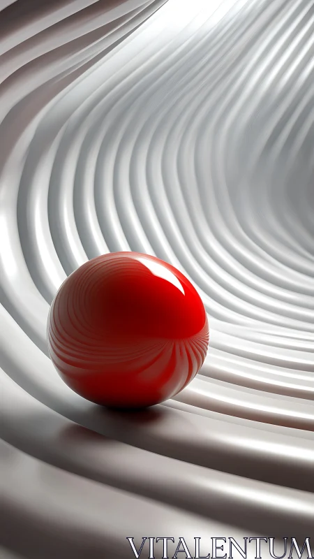 Red sphere resting on curved white metallic surface.