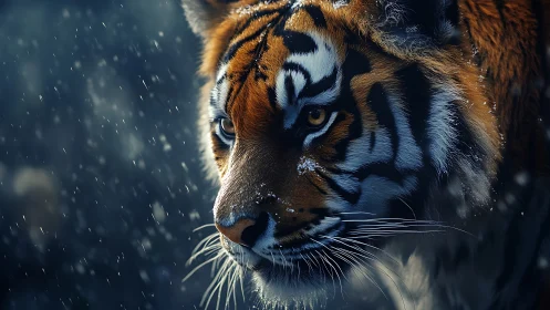 Snow-dusted tiger walks forward with calm, powerful focus