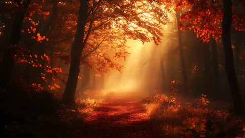 Golden Sunlight Pierces Through Autumn Forest.