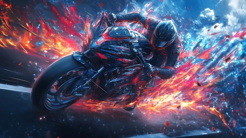 Motorcycle rider leans into high speed turn with fiery trails