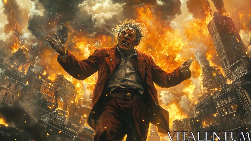 Frenzied man erupts in fiery chaos as a city burns around him