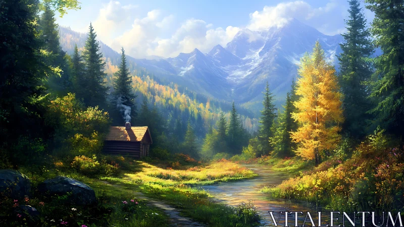 Cabin smoke curling beneath storybook alpine autumn skies.