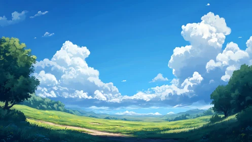 Expansive summer meadow under towering cumulus clouds.