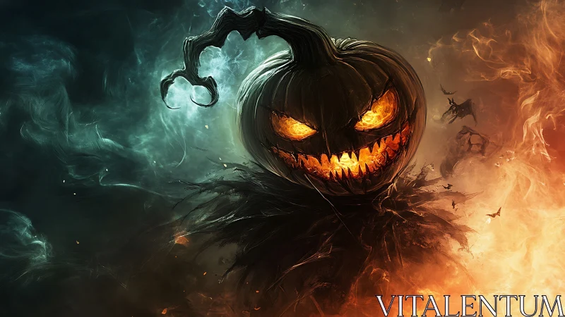 Cinder grins as the pumpkin wraith strides through crackling dusk