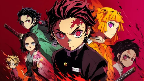 Anime fighters stand in red background with intense expressions