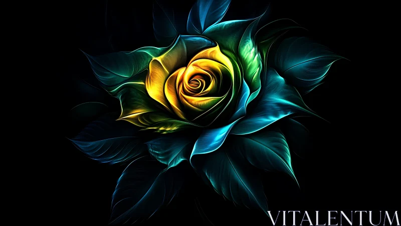 Luminous cyber rose spirals color through velvet darkness