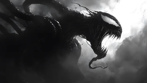 Dark monstrous creature with tentacles in swirling smoke.