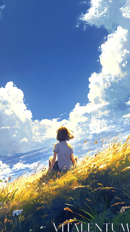 Backlit girl on hillside under expansive cumuliform sky rendered