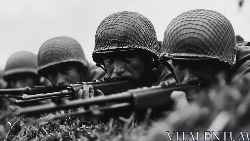 World War soldiers prone in tense frontline formation.