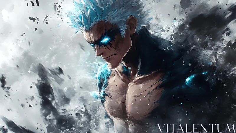 Storm-eyed warrior erupts through shattered ink and light.