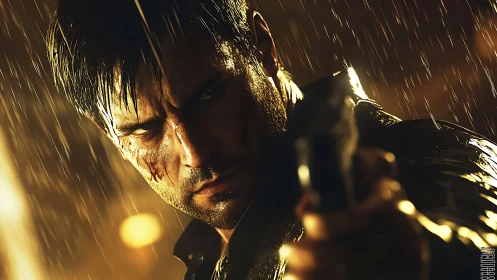 Gun-wielding man in rain, cinematic close-up lighting focus.