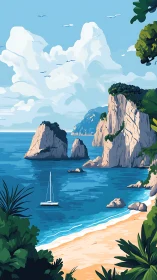 Coastal Landscape with Dramatic Cliff Formations, Sailboat, Beach Vegetation