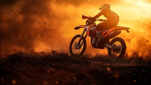 Motocross rider carves through blazing dust at sunset