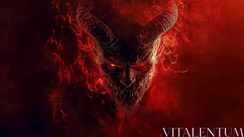 Demonic horned visage emerges from swirling infernal fire.