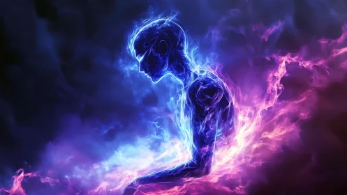 Luminous humanoid silhouette formed from blue and violet flames