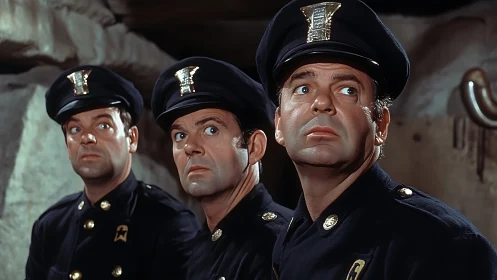 Three uniformed police officers look upward in formation