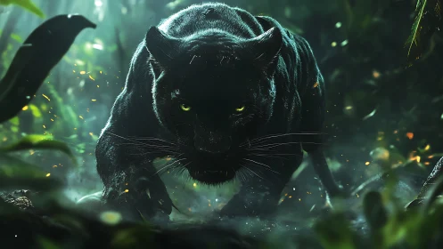 Black Panther with Luminescent Eyes in Jungle Environment