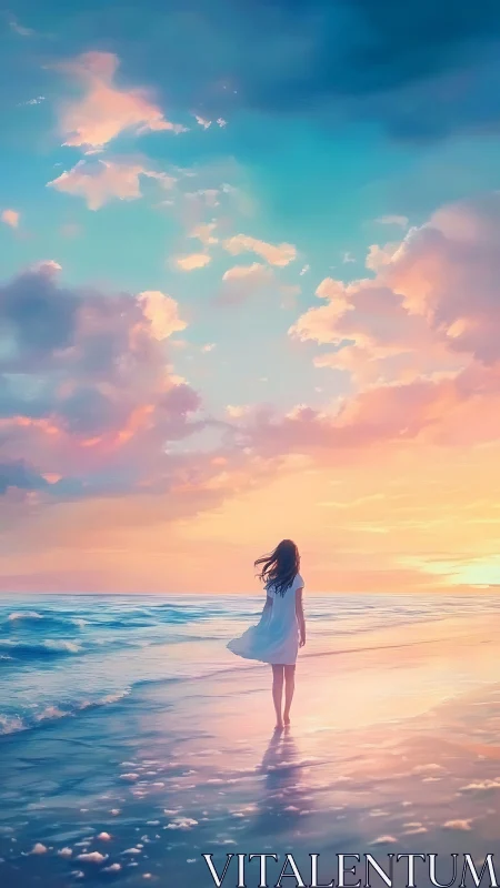 Solitary girl walks along reflective shore at vivid sunset