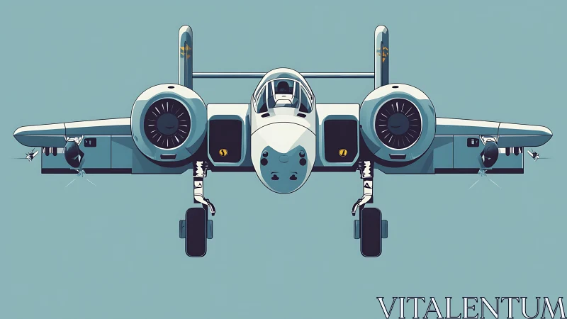 Head-on stylized jet illustration with teal minimal backdrop.