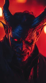 Demonic horned figure glows under infernal red backlight.