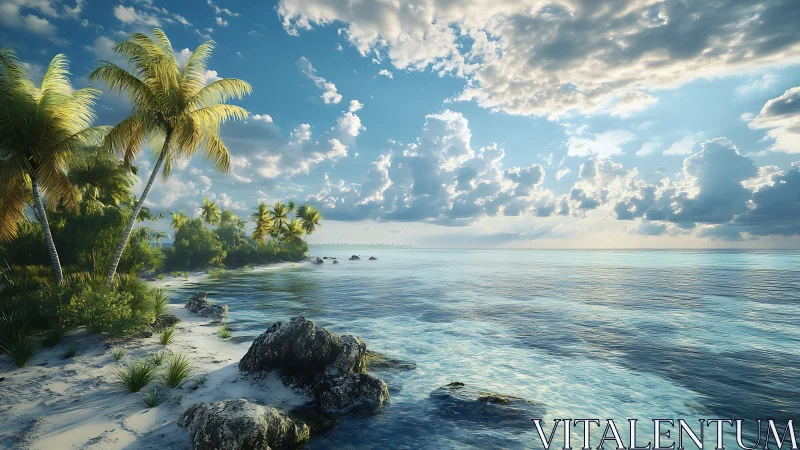Tropical Coastal Landscape with Palm Trees, Sandy Shore, and Luminous Cloud Formation.