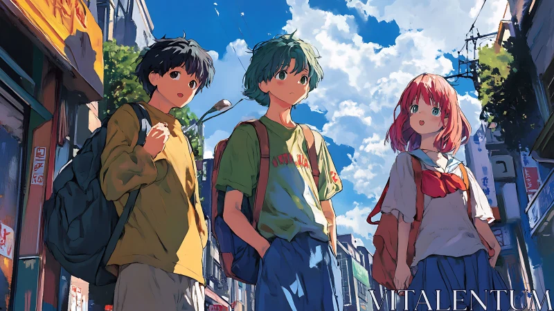 Sunlit city stroll with three friends sharing summer vibes.