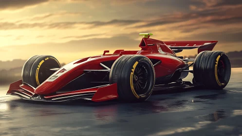 Aerodynamic crimson single-seater under cinematic dusk sky.