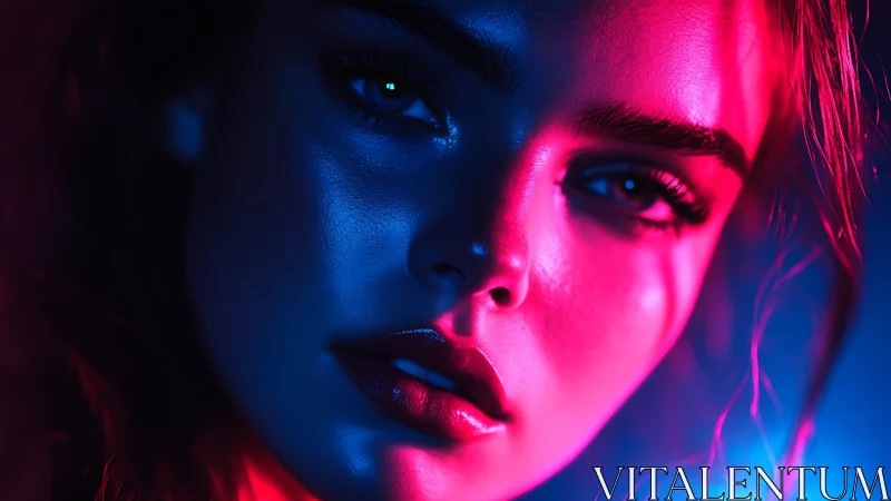 Neon-lit portrait in vivid magenta and electric blue glow.