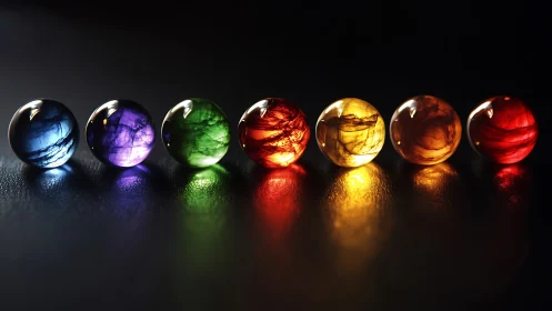 Glowing gemstone spheres cast a vibrant spectrum across darkness