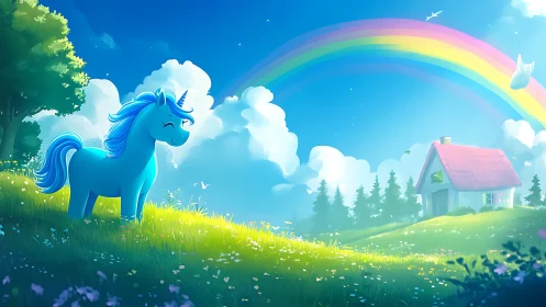 Blue unicorn in luminous meadow beneath pastel rainbow.