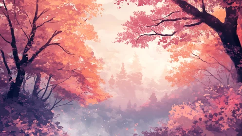 Autumn forest pathway rendered with golden and magenta foliage lighting