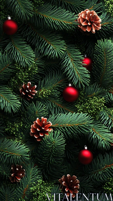 Evergreen fir branches cradle red ornaments and pinecones.