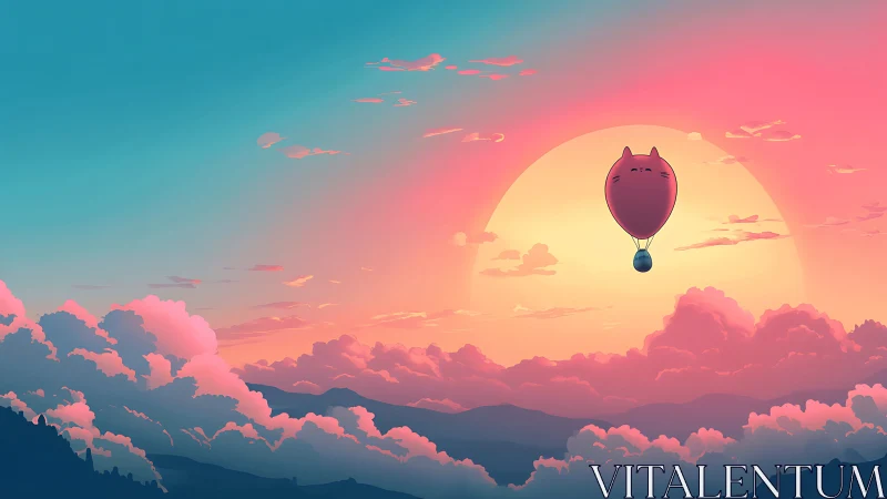 Cat balloon drifting over pastel sunset clouds horizon.