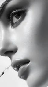 Calm close up portrait pausing before a careful lip injection.