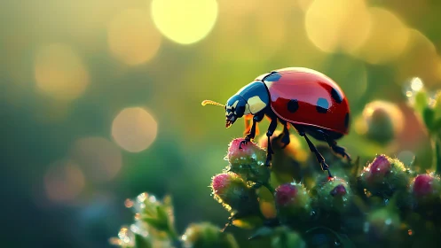 Sunlit ladybug explores dew-kissed buds in dreamy bokeh glow