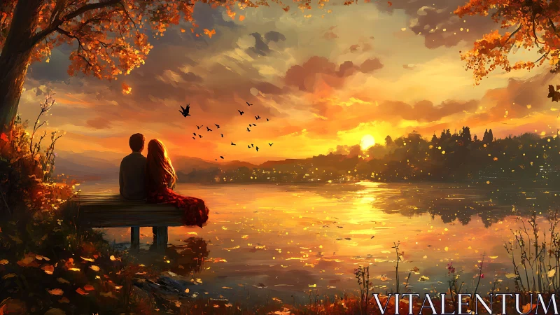 Two figures seated on dock at sunset with autumn foliage.