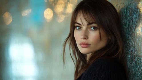 Moody portrait with soft bokeh and reflective wall backdrop.