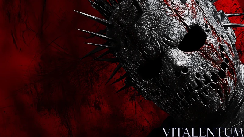 Spiked iron mask leans from crimson shadows and listens