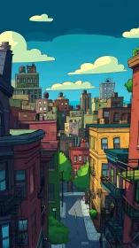Colorful city neighborhood basks under clear cartoon sky.