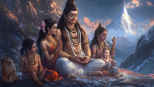 Hindu divine family seated in detailed Himalayan landscape