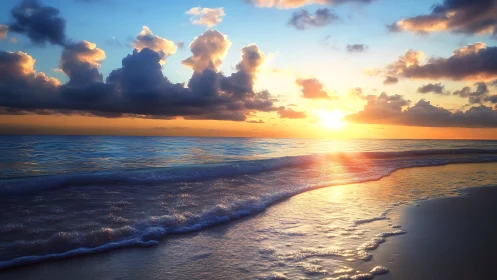 Sunlit surf braids liquid gold across a waking shoreline