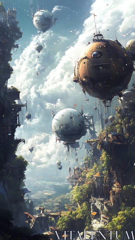 Spherical airships drifting through verdant cliff cityscape.