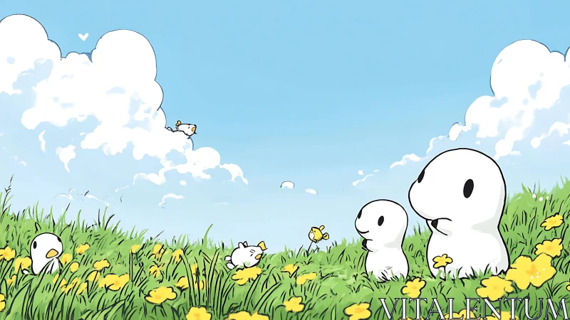 Tiny cloudwalkers trade dandelion secrets beneath bright skies